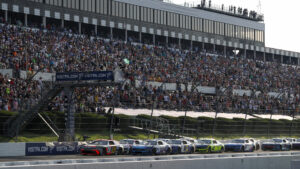 Fans watch from the grandstands at Pocono Raceway in Long Pond, Pennsylvania