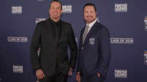 Kurt Busch and Kyle Busch pose together on the red carpet during the NASCAR Hall of Fame Induction Ceremony in Charlotte.