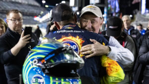 Kyle Busch hugs Richard Childress after winning the pole for the 2026 Daytona 500.