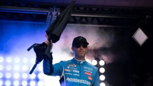 Denny Hamlin is introduced before a NASCAR Cup Series race.