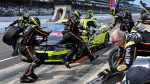 NASCAR Cup Series driver Ryan Blaney (12) makes a pit stop Sunday, July 26, 2026, during the Brickyard 400 at Indianapolis Motor