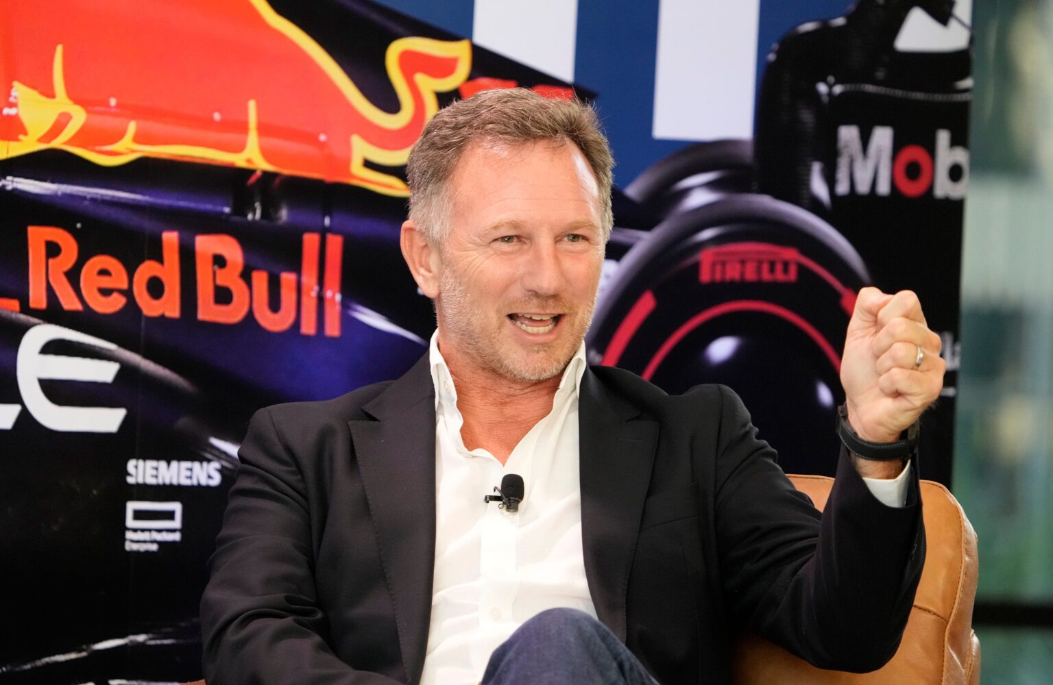 Christian Horner, Team Principal of Oracle Red Bull Racing, speaks at the Red Bull Fan Zone, a private event at Oracle