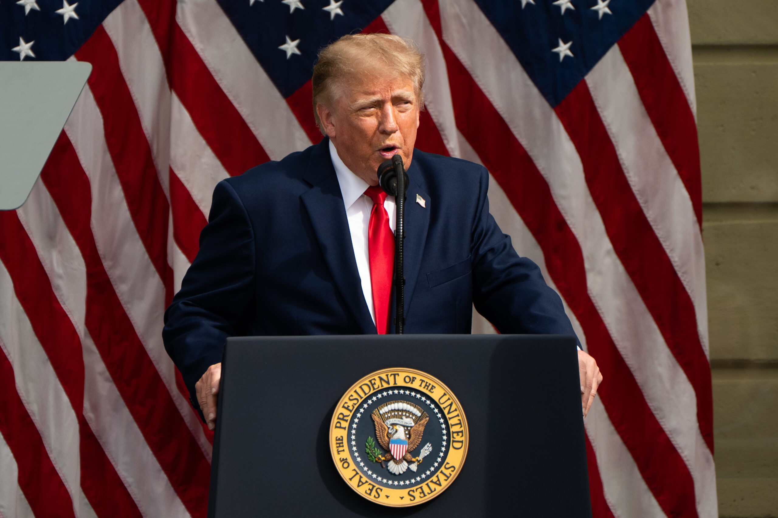 President Donald Trump speaks during the 25th anniversary remembrance ceremony of the 9/11 terrorist attacks at the Pentagon on