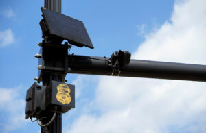 A bagged Flock camera on High Street in the Short North in Columbus on Sept. 9, 2026.