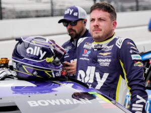 NASCAR Cup Series driver Alex Bowman (48) climbs out of his car Saturday, July 25, 2026, during qualifying for the Brickyard 400